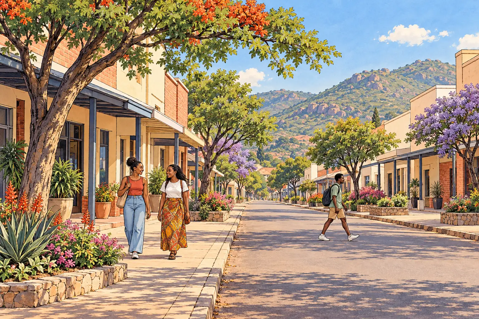 A hand-drawn view of Masvingo, with local streets, greenery and young adults together.