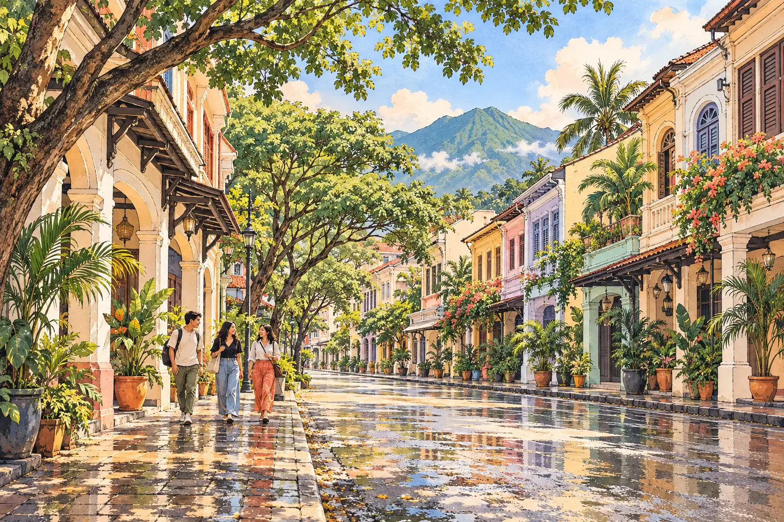 A hand-drawn Medan street with shaded tropical trees, pastel shop houses and young adults walking together, with a green ridge beyond.