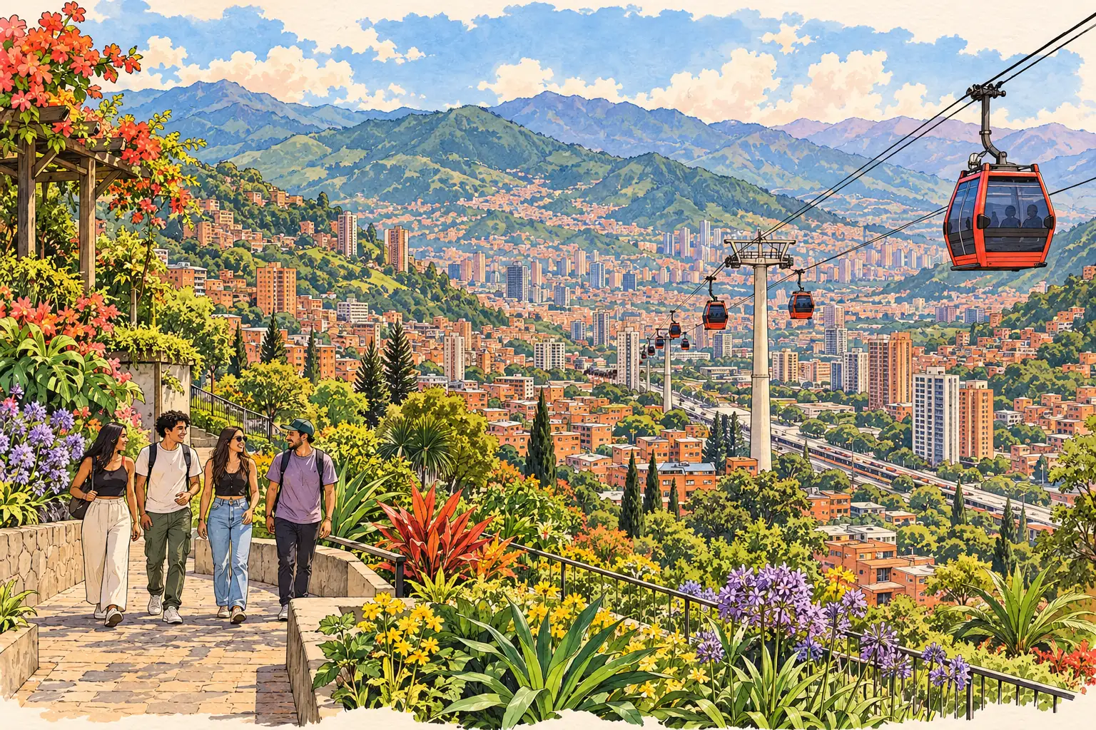 A hand-drawn Medellín view with the hillside cable car above the green Aburrá Valley.