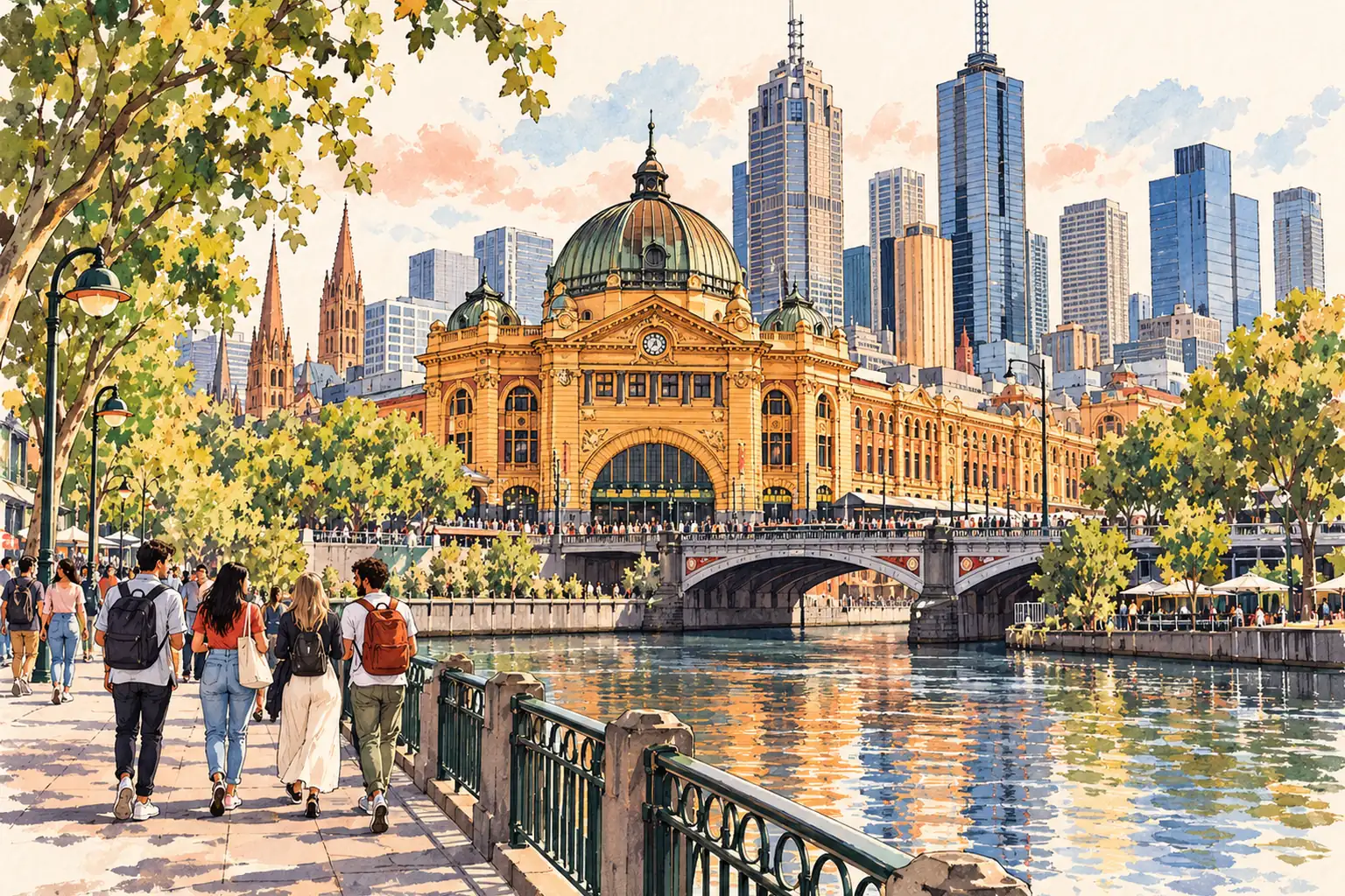 A hand-drawn view of Melbourne’s Flinders Street Station beside the Yarra River, with young adults on the promenade.
