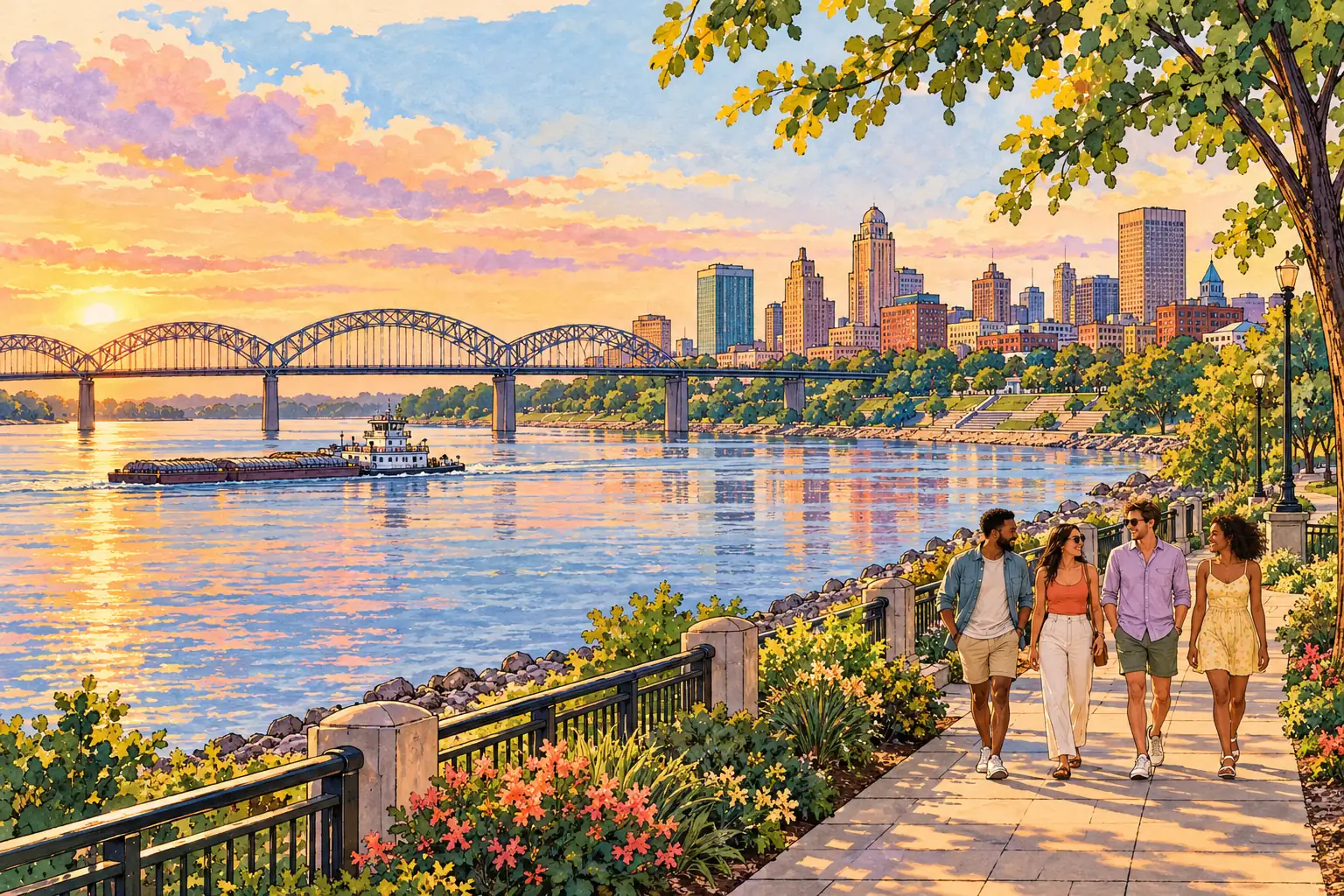 A hand-drawn view of Memphis beside the Mississippi River, with young adults walking along the riverfront.