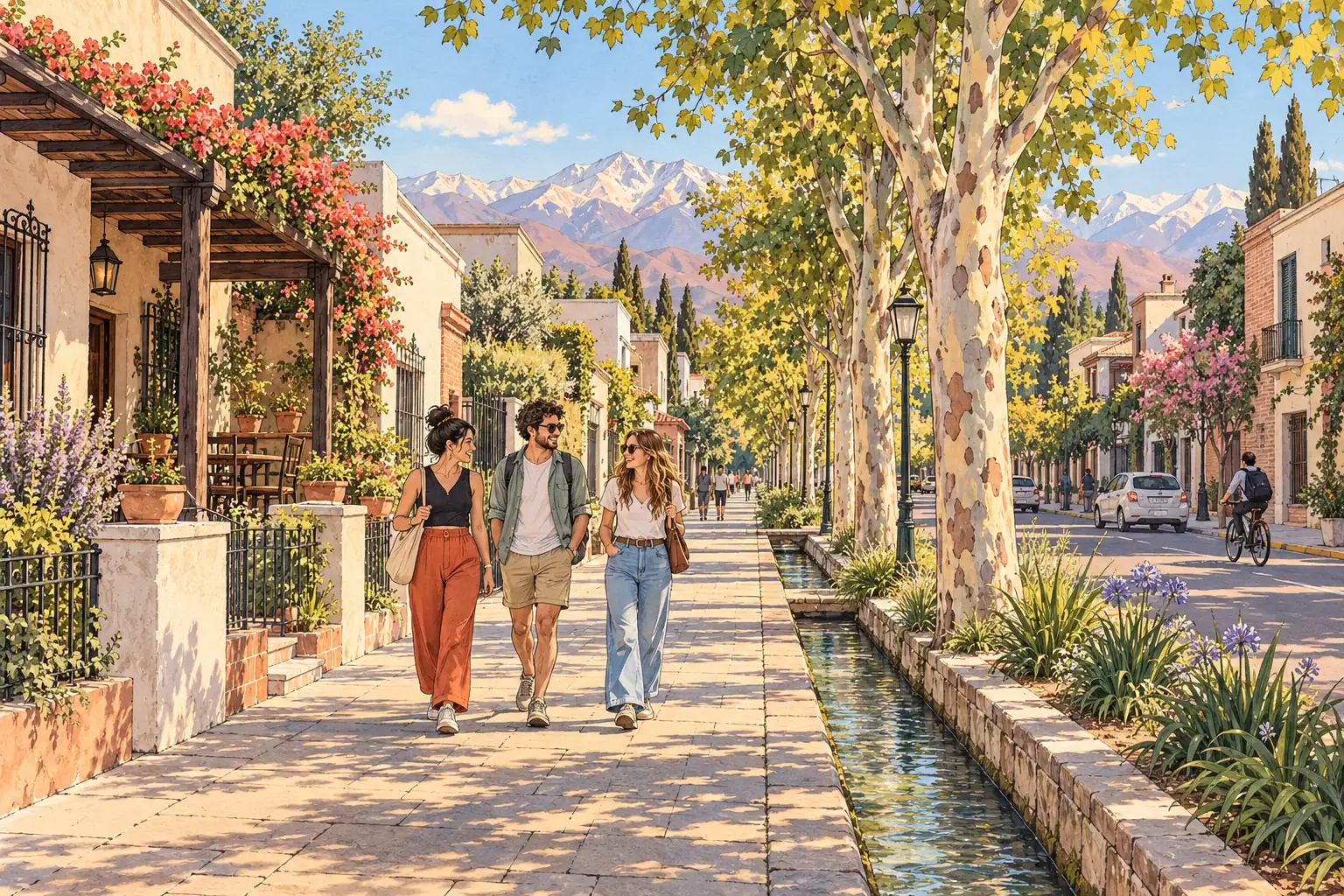 A hand-drawn Mendoza streetscape with shaded avenues, an irrigation channel, the Andes and young adults walking together.