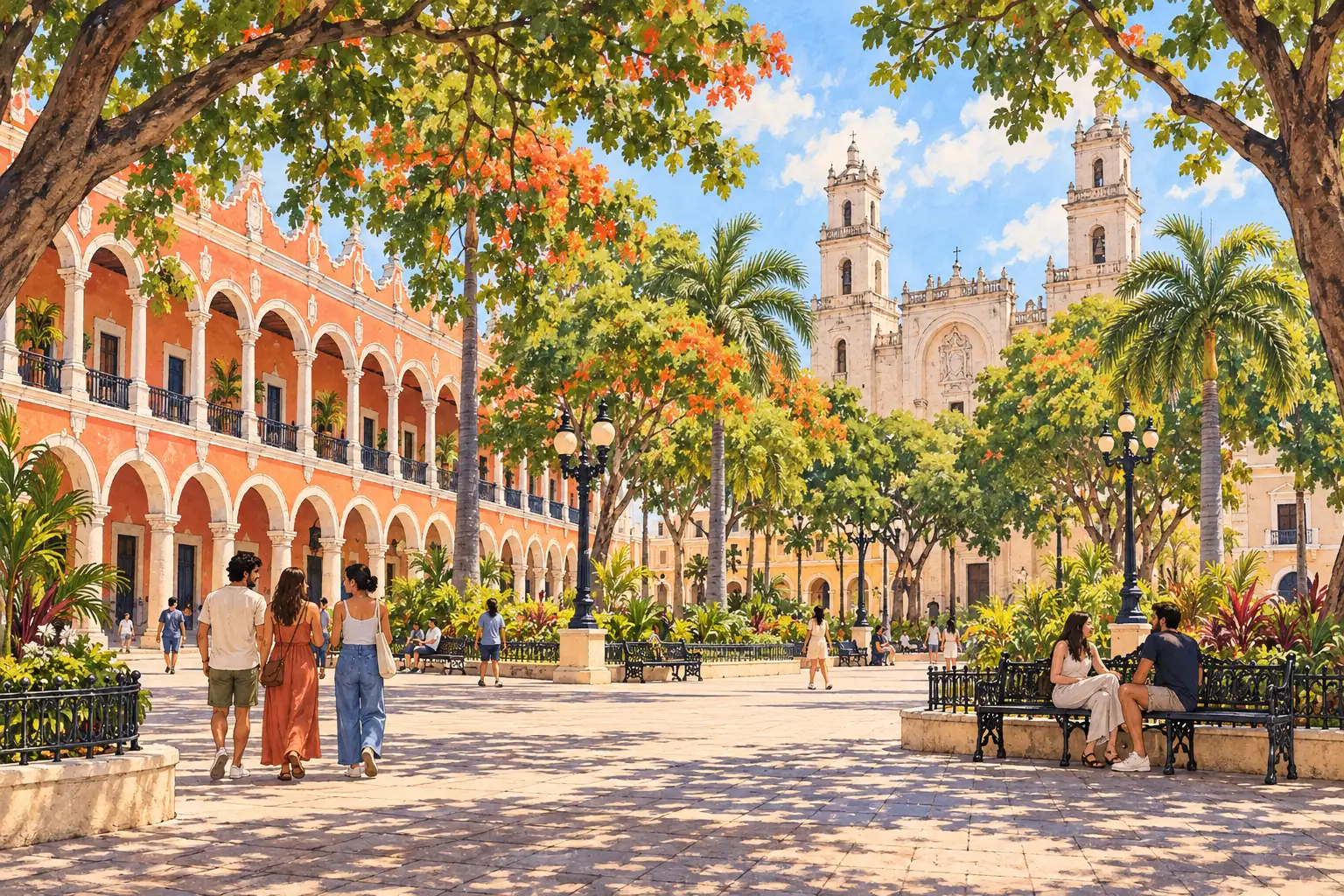 A hand-drawn view of Mérida’s Plaza Grande, arcaded civic buildings and cathedral towers.