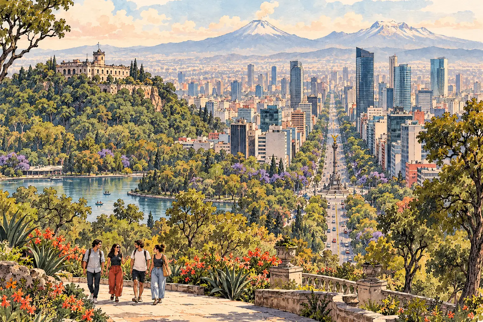 A hand-drawn view of Mexico City with Chapultepec Castle on its wooded hill and young adults in the garden.