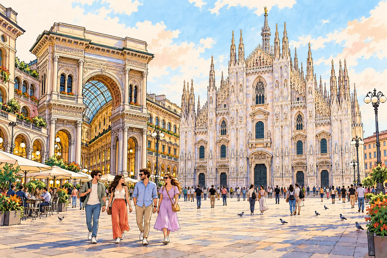 A hand-drawn Milan piazza with the Duomo’s marble spires and the Galleria arcade.
