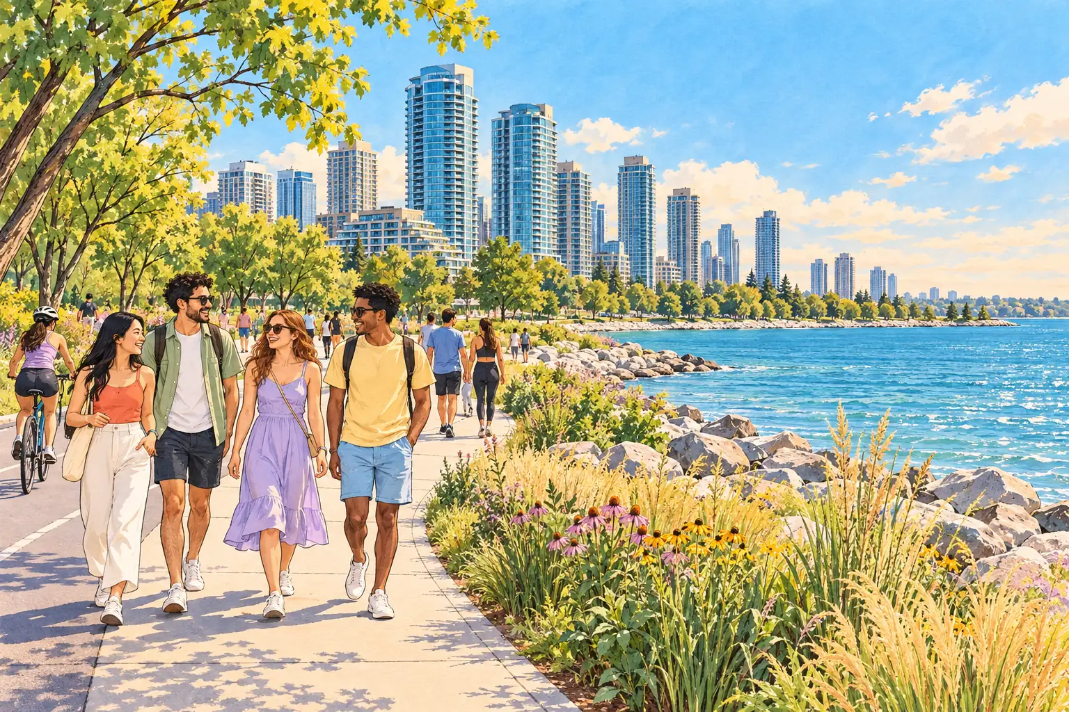 A hand-drawn generic view of Mississauga’s Lake Ontario waterfront, with modern towers and young adults on a park path.