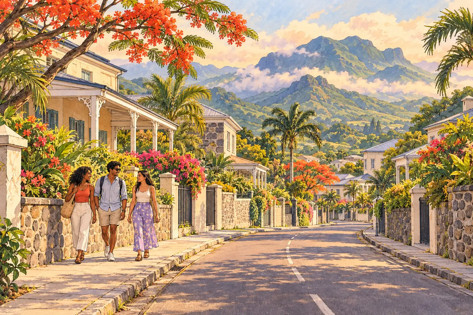 A hand-drawn Moka streetscape with tropical gardens, green hills and young adults.