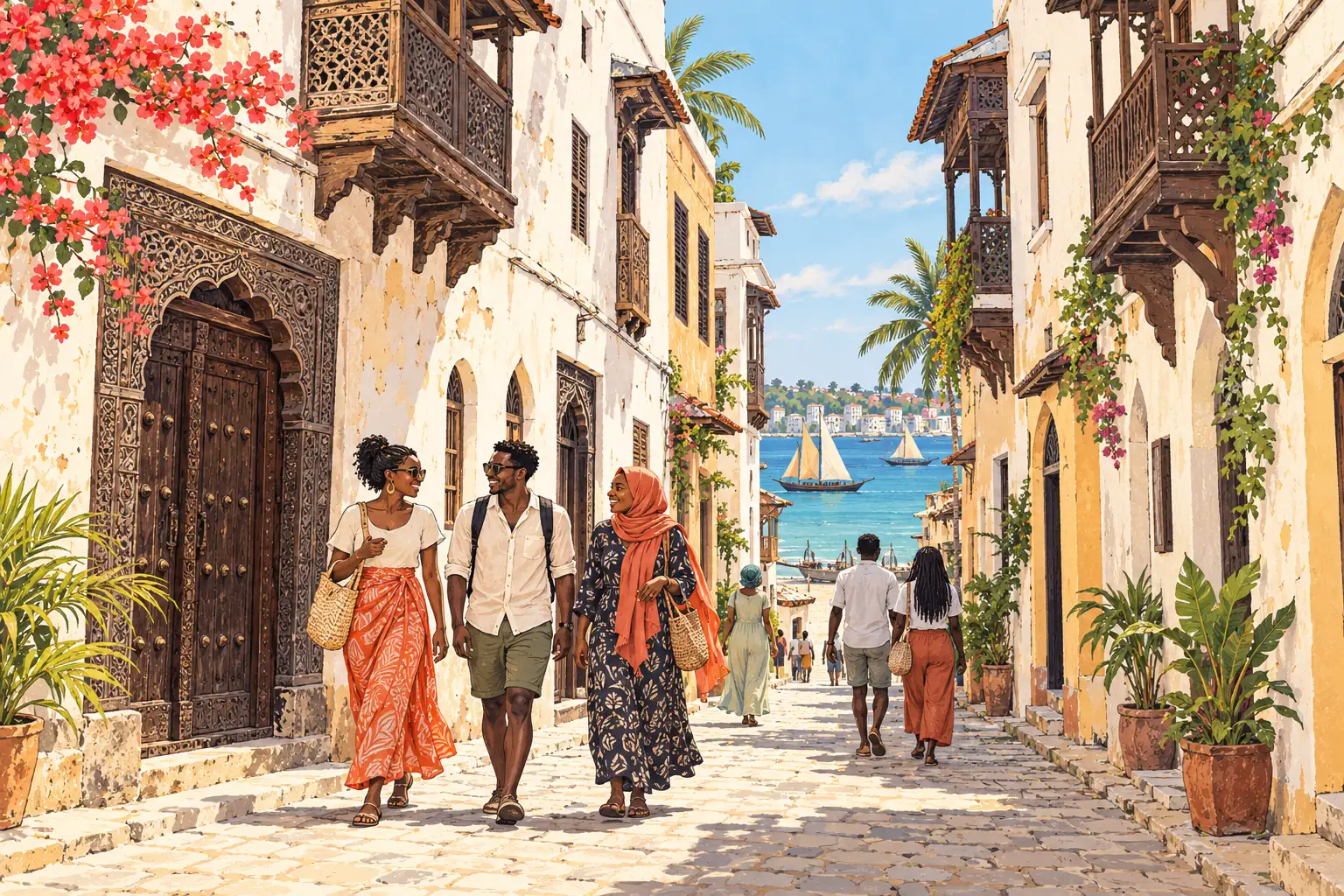 Young adults walk through Mombasa Old Town’s carved doorways toward the dhow harbor.