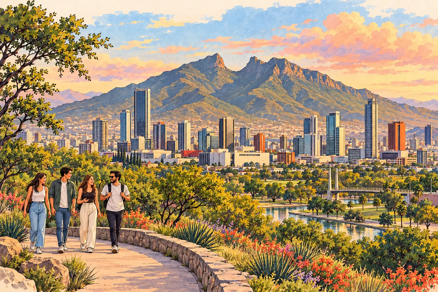 A hand-drawn view of Monterrey beneath the Cerro de la Silla mountain ridge, with young adults in a city park.