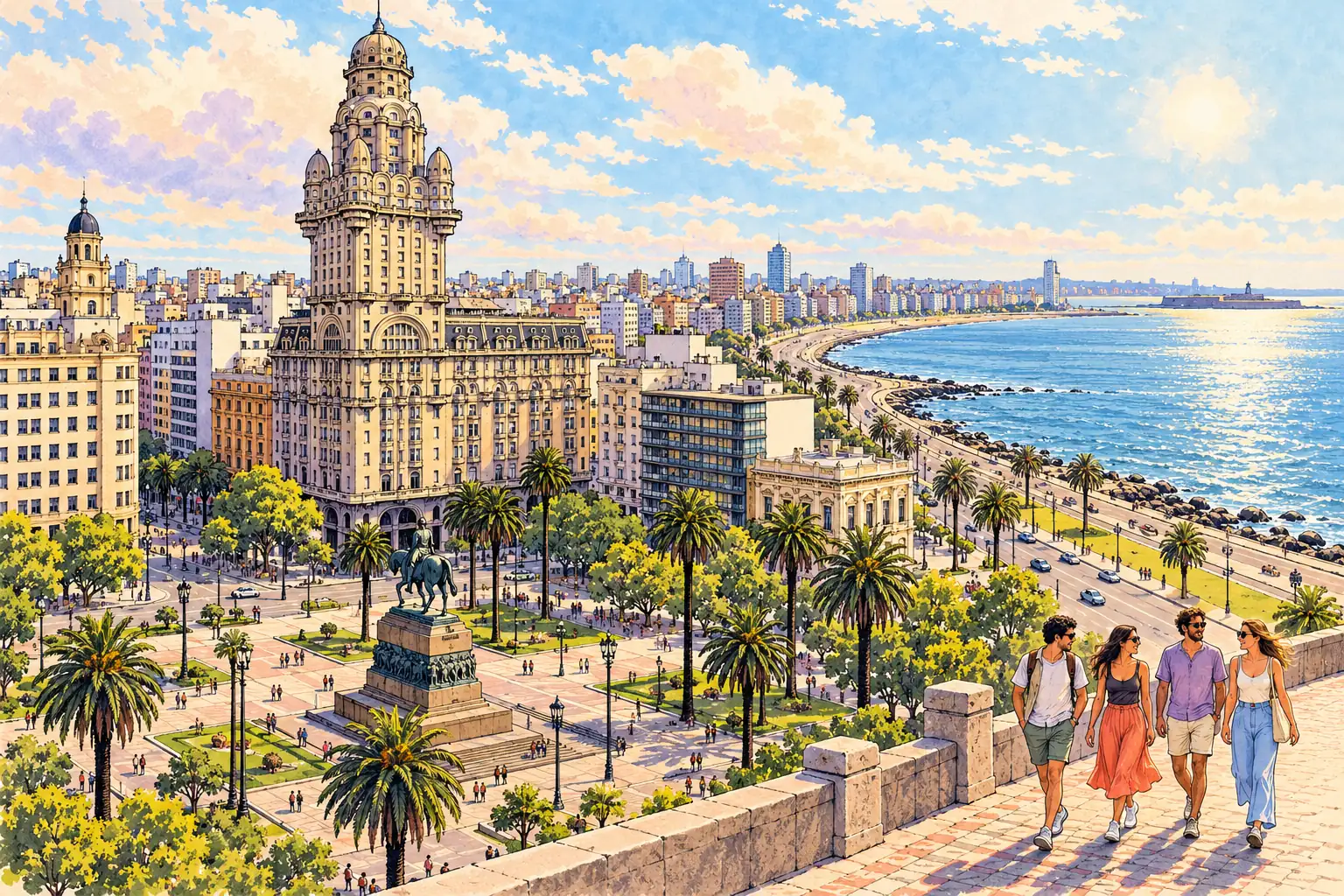 A hand-drawn Montevideo view with Palacio Salvo, Plaza Independencia and the coast.