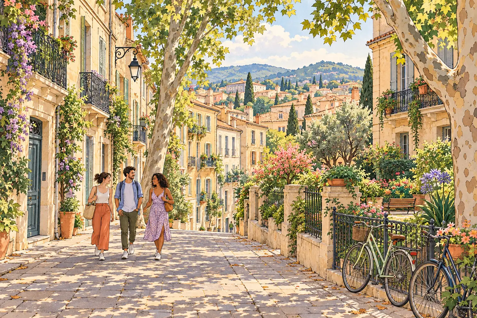 A hand-drawn view of Montpellier, with local streets, greenery and young adults together.