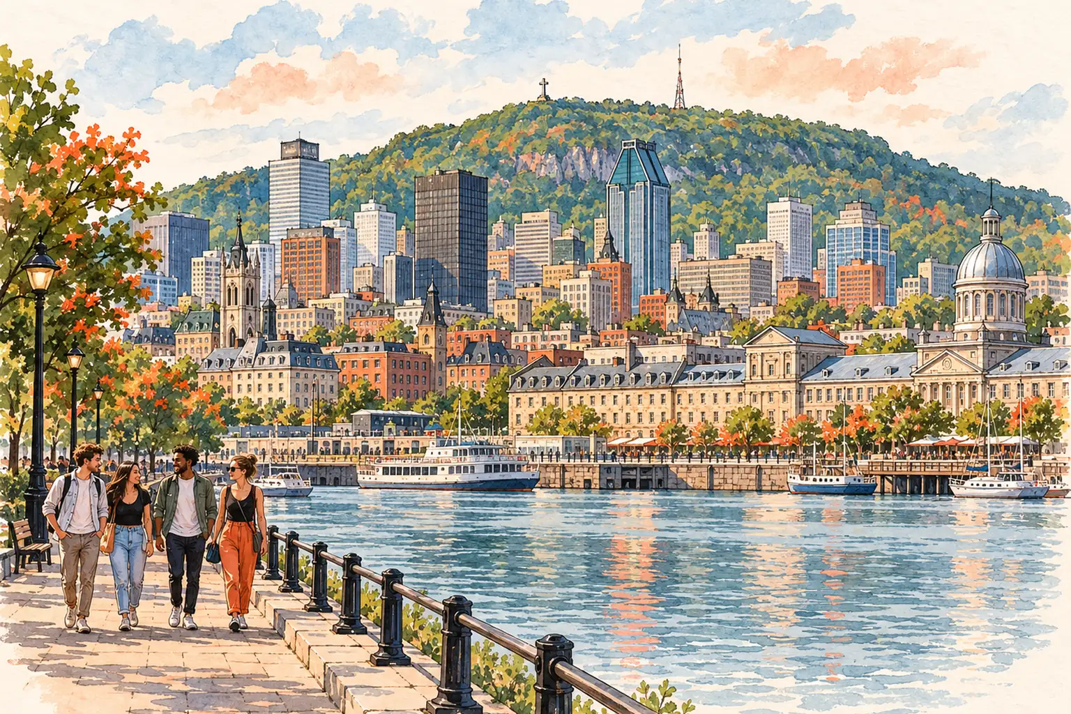 A hand-drawn view of Montreal’s old port and Mount Royal across the St. Lawrence River, with young adults by the water.