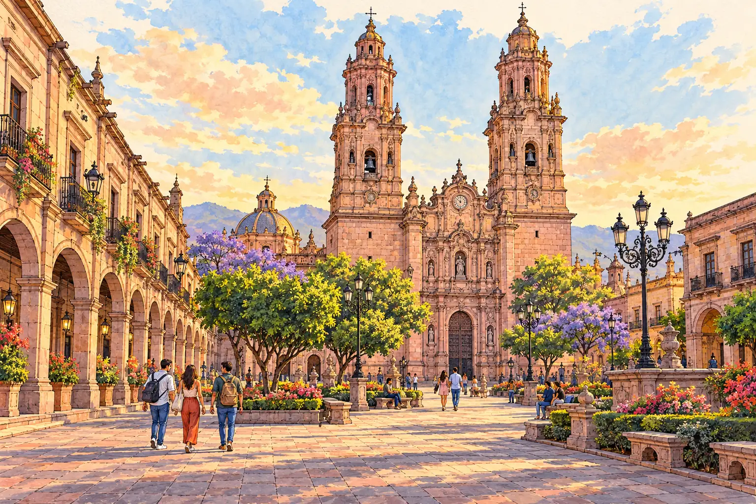 A hand-drawn view of Morelia Cathedral’s pink stone towers above the historic plaza, with young adults crossing the square.