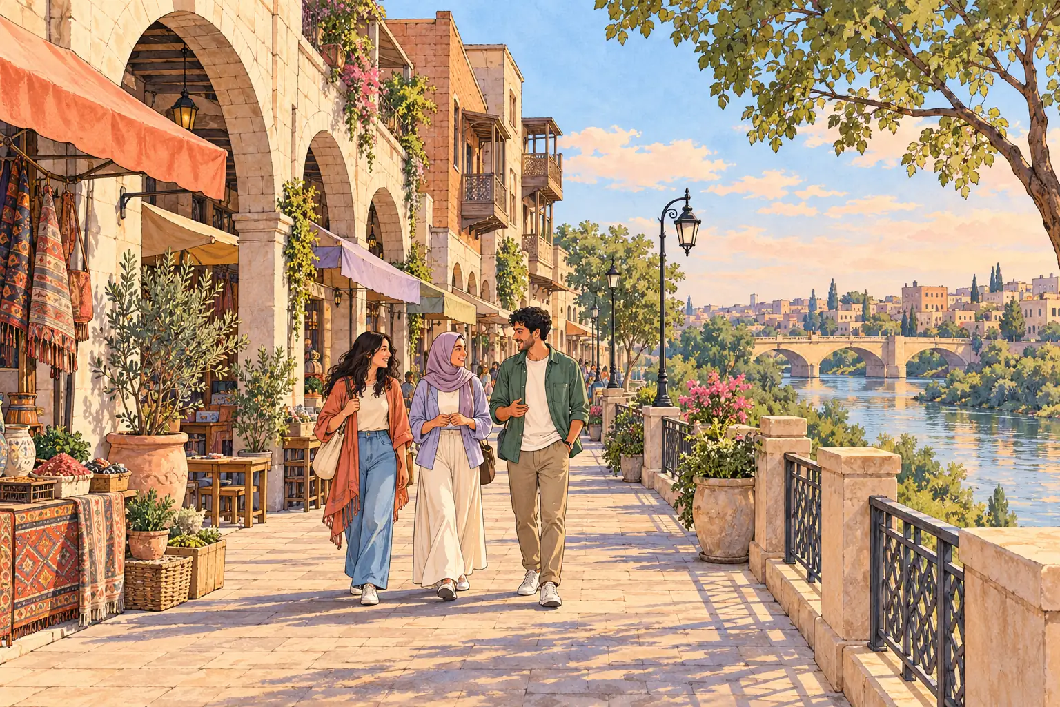 A hand-drawn view of Mosul, with local streets, greenery and young adults together.