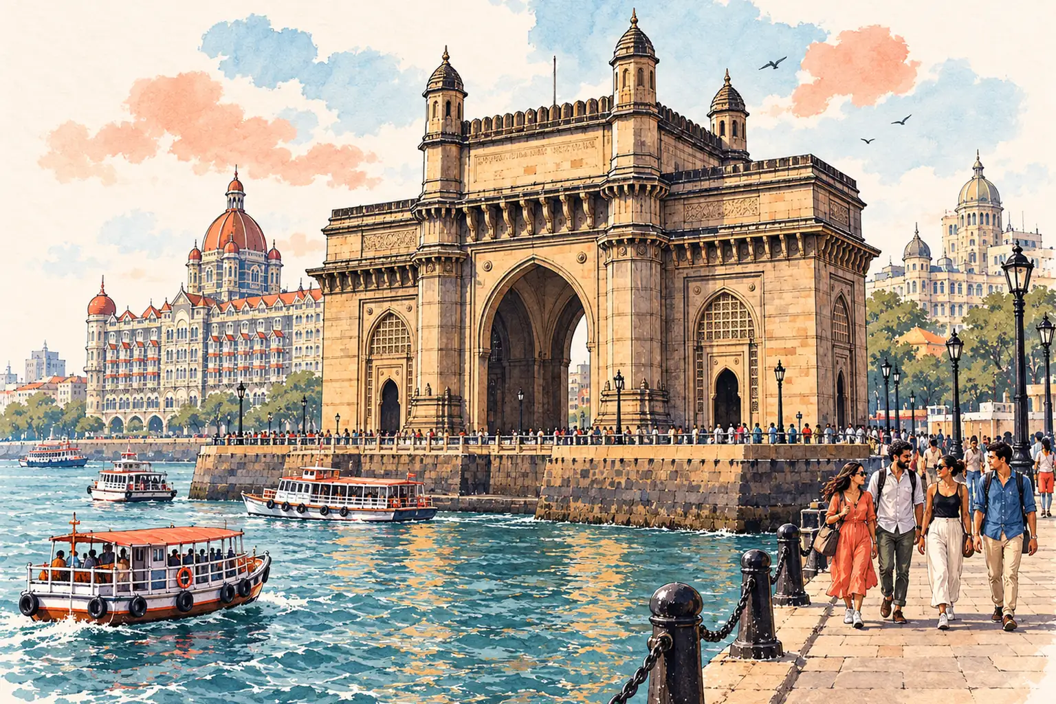 A hand-drawn view of Mumbai’s Gateway of India beside the Arabian Sea, with young adults along the promenade.