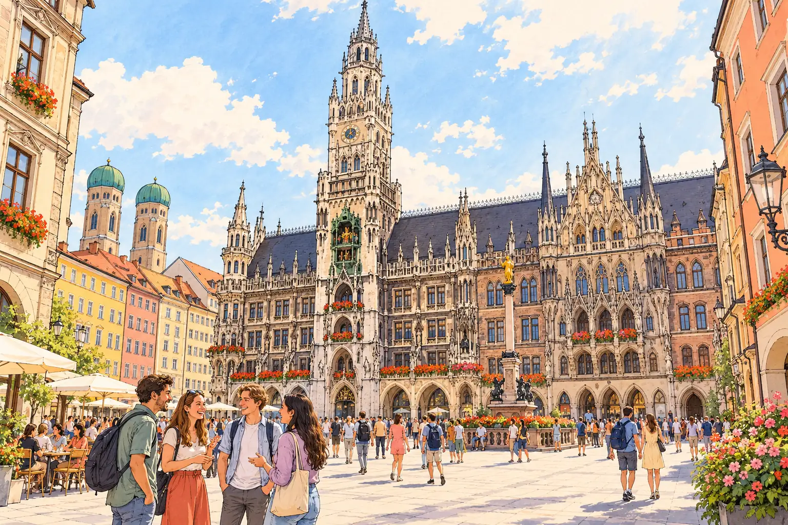 A hand-drawn view of Munich’s New Town Hall at Marienplatz, with young adults meeting in the lively old-town square.
