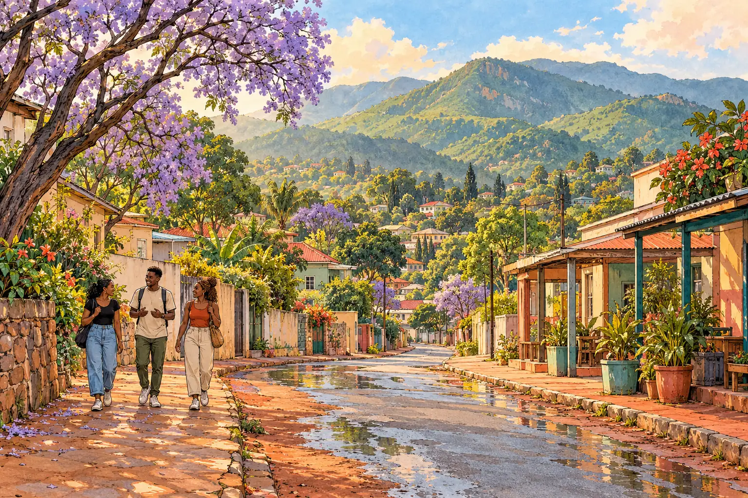 A hand-drawn view of Mutare, with local streets, greenery and young adults together.
