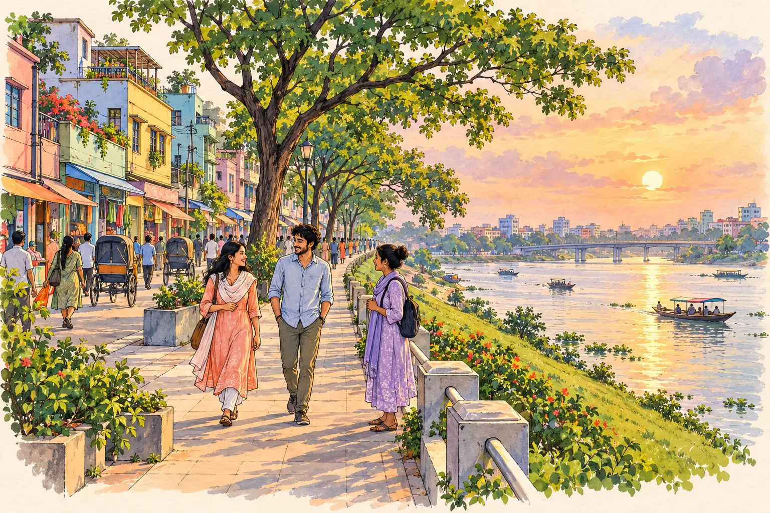 A hand-drawn view of Mymensingh, with local streets, greenery and young adults together.