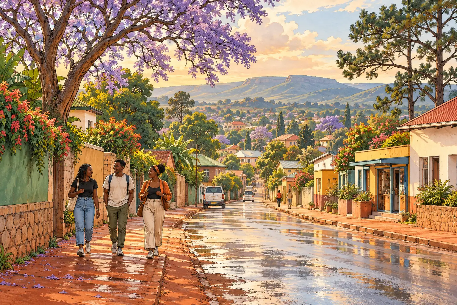 A hand-drawn view of Mzuzu, with local streets, greenery and young adults together.