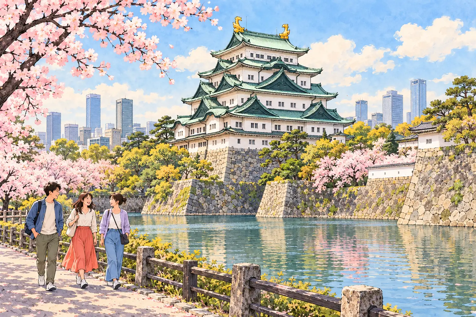 A hand-drawn Nagoya scene with Nagoya Castle, cherry blossoms and the city skyline.