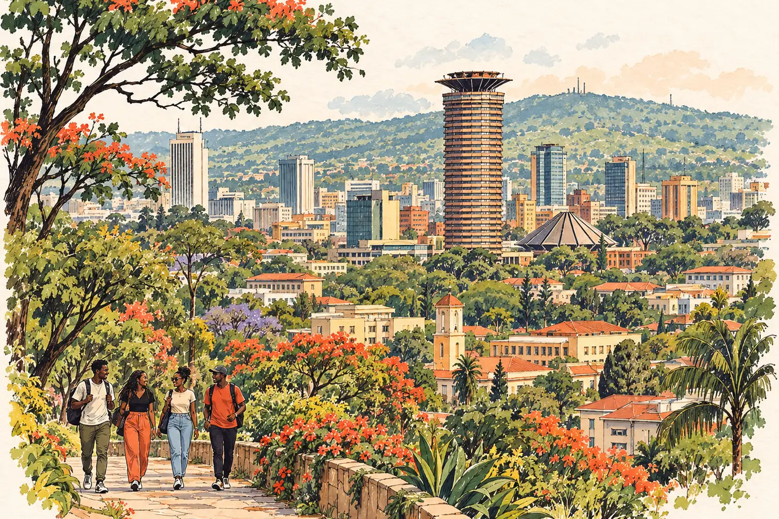 A hand-drawn view of Nairobi with the KICC tower above its leafy city skyline and young adults on a garden path.