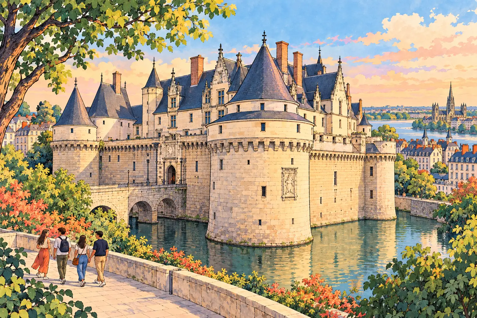 A hand-drawn view of Nantes’ Château des ducs de Bretagne and its moat.