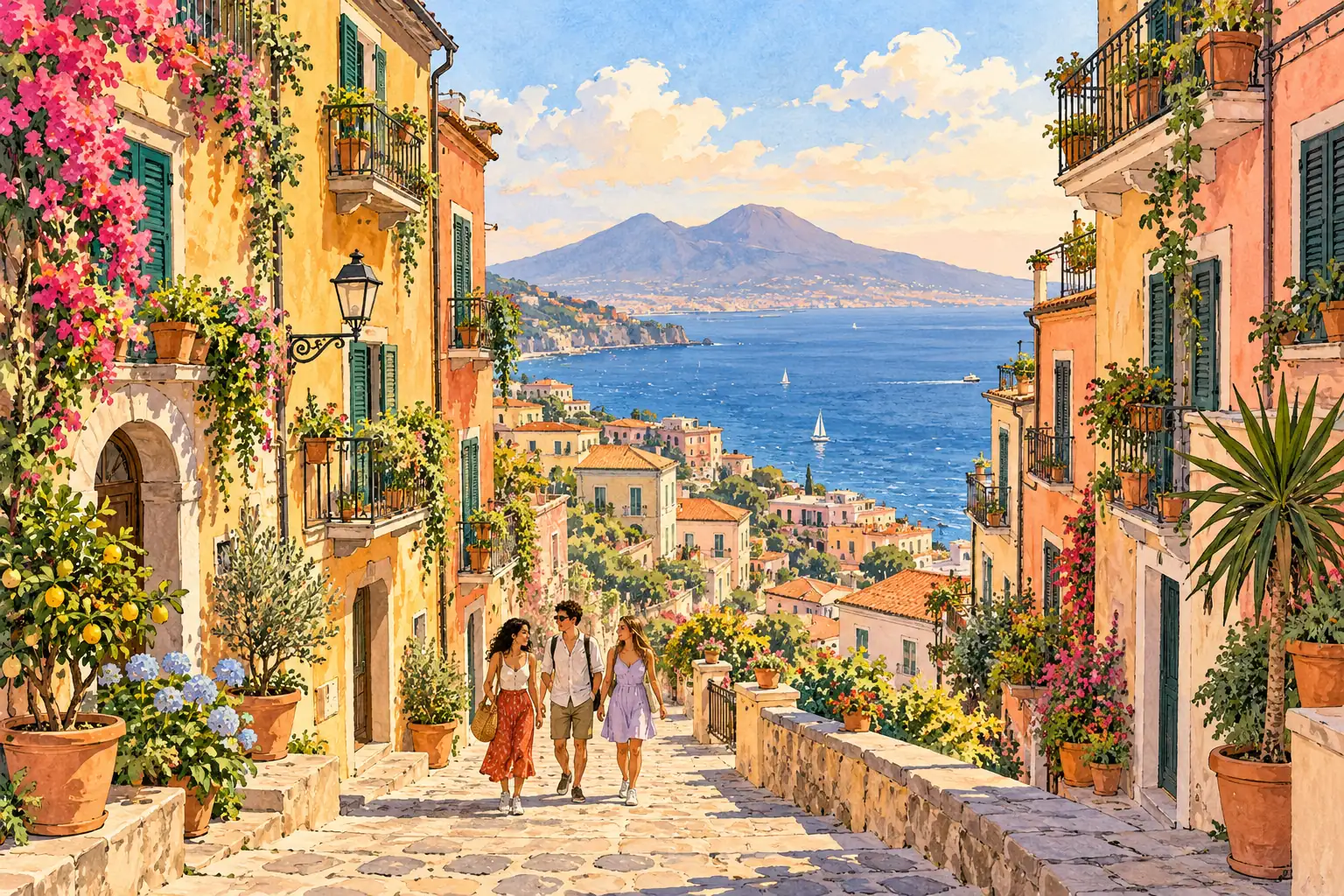 A hand-drawn Naples hillside lane with young adults walking between pastel buildings toward the bay.