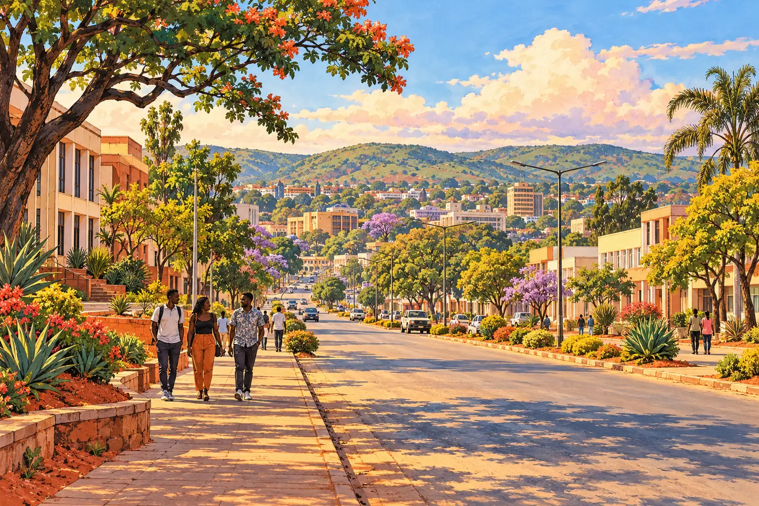 A hand-drawn generic view of Ndola, with young adults walking along a shaded avenue beneath green hills.