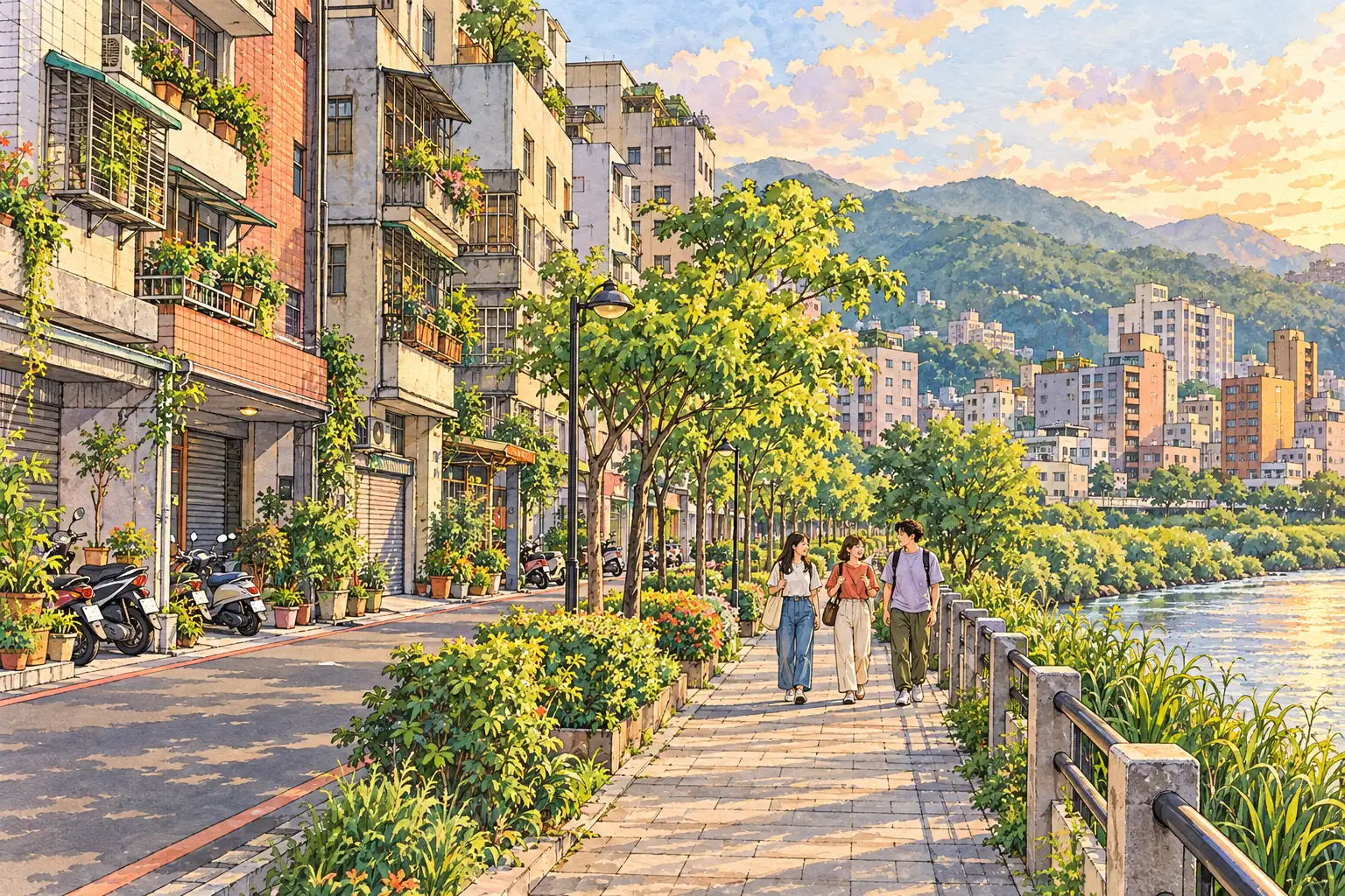 A hand-drawn view of New Taipei City, with local streets, greenery and young adults together.