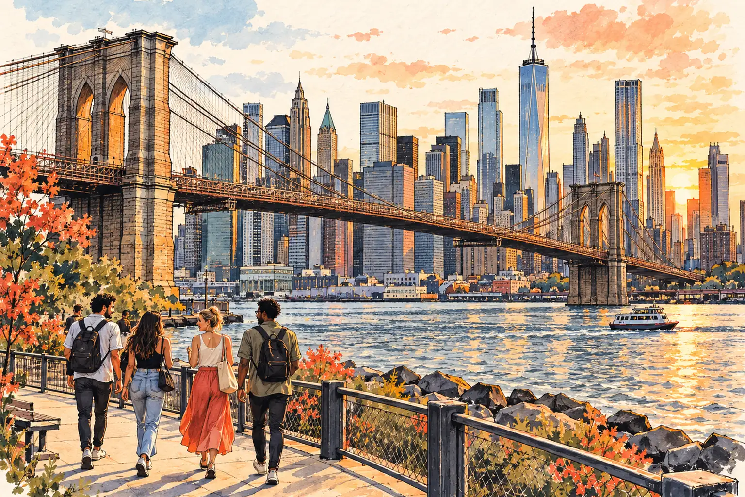 A hand-drawn view across New York’s East River to Manhattan, with the Brooklyn Bridge in front and young adults nearby.