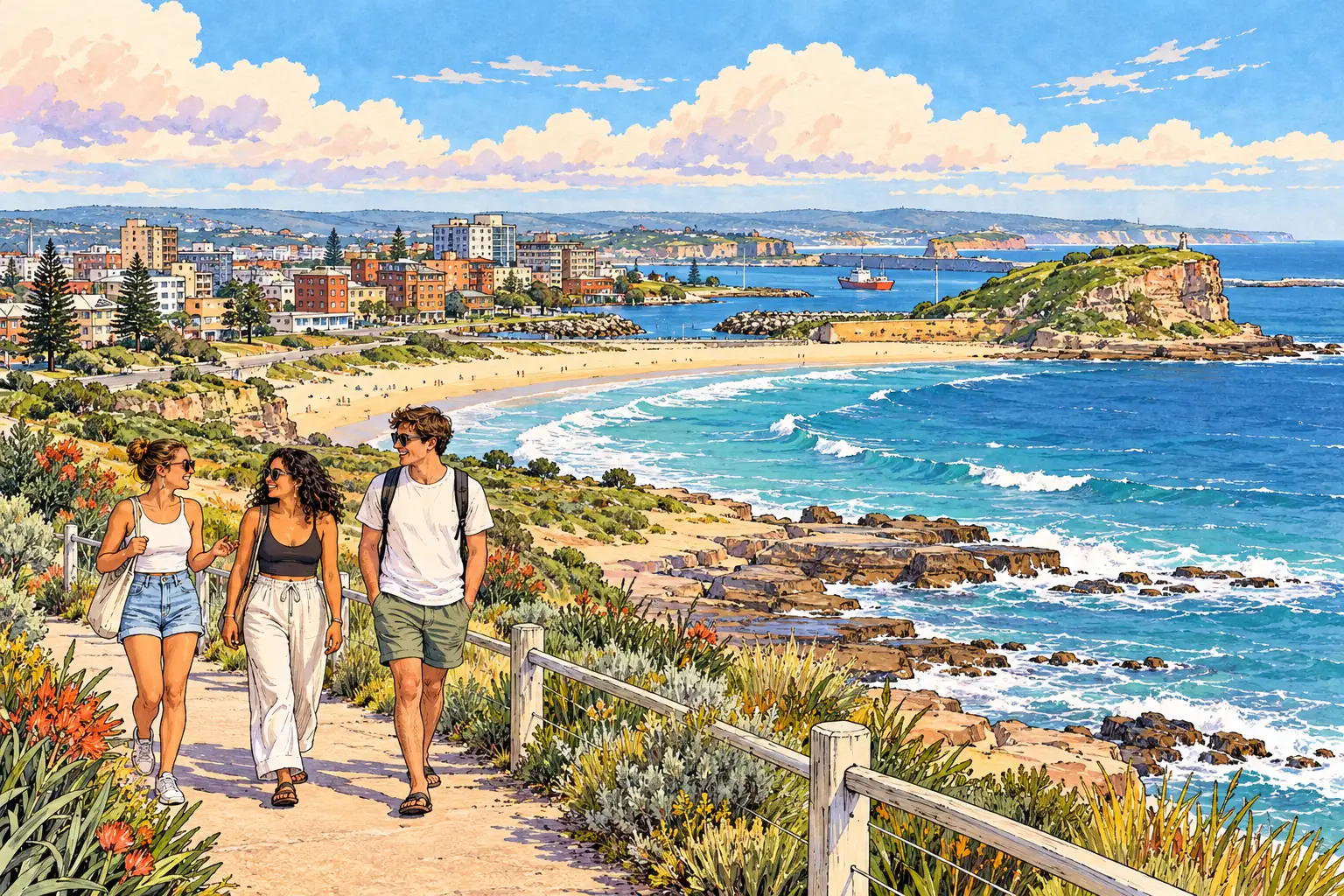 A hand-drawn view of Newcastle, with local streets, greenery and young adults together.