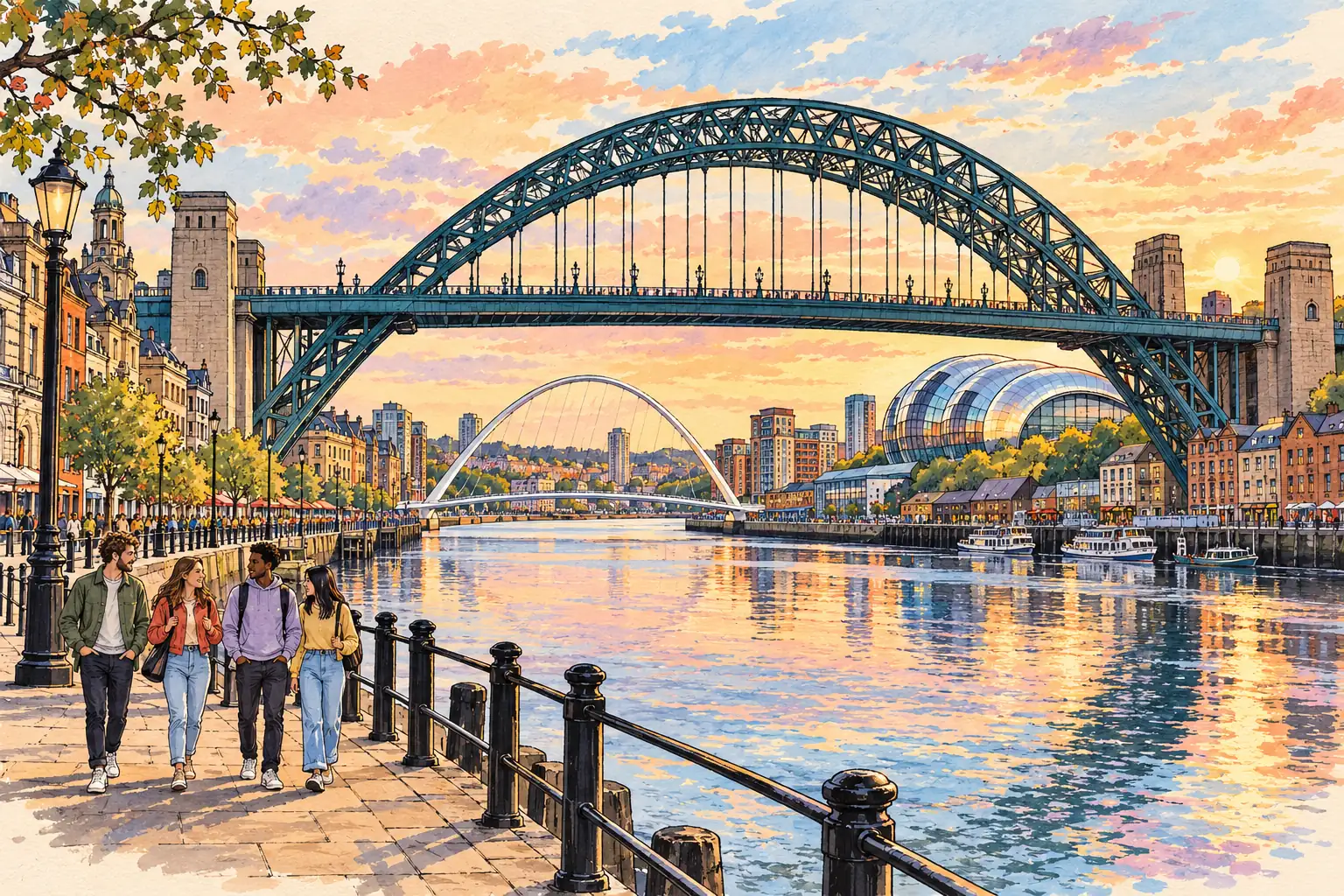 A hand-drawn view of Newcastle’s Tyne Bridge and Quayside over the River Tyne.