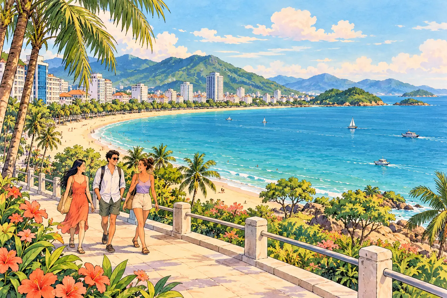 A hand-drawn view of Nha Trang, with local streets, greenery and young adults together.