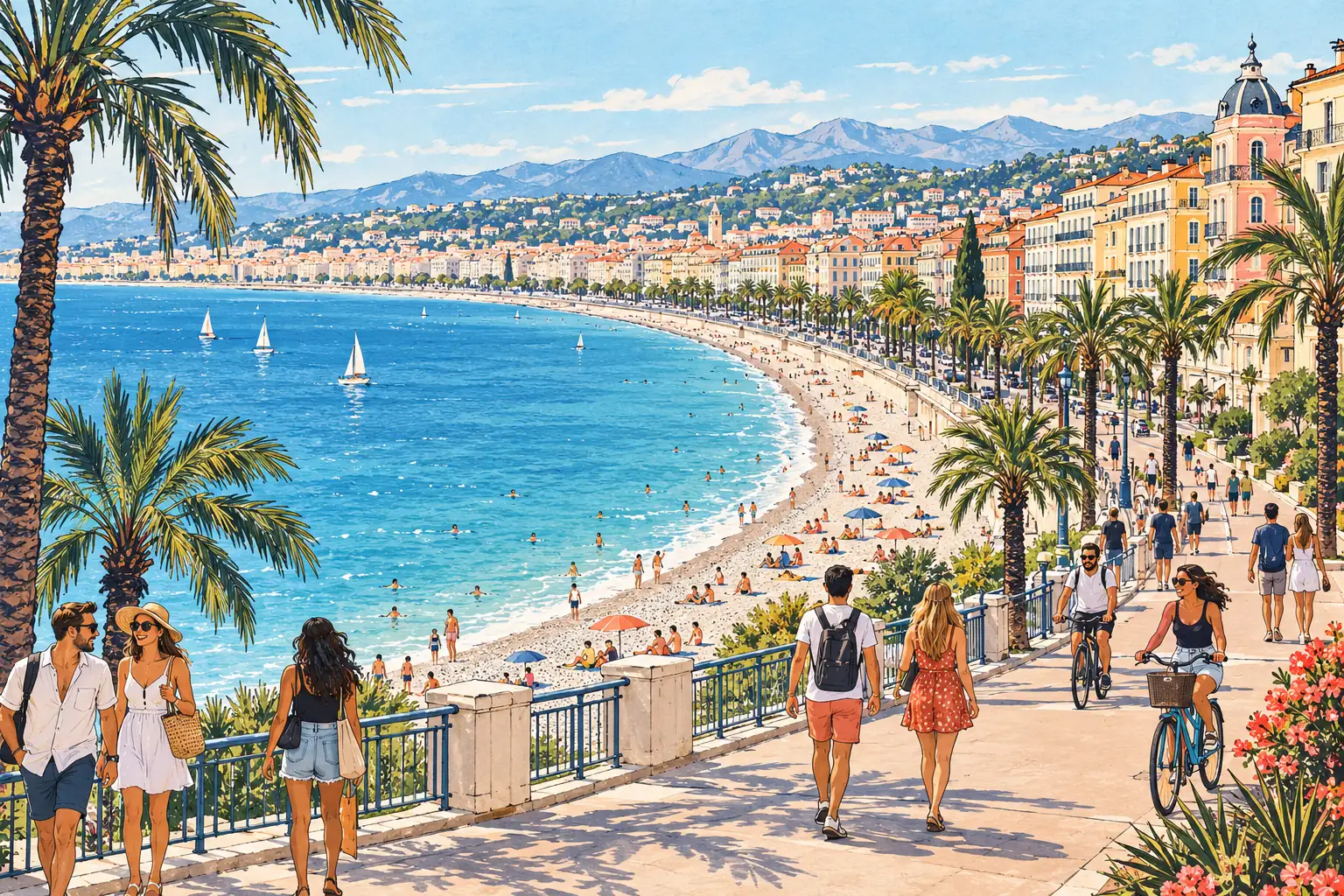 Young adults stroll and cycle along Nice’s Promenade des Anglais beside the Baie des Anges.