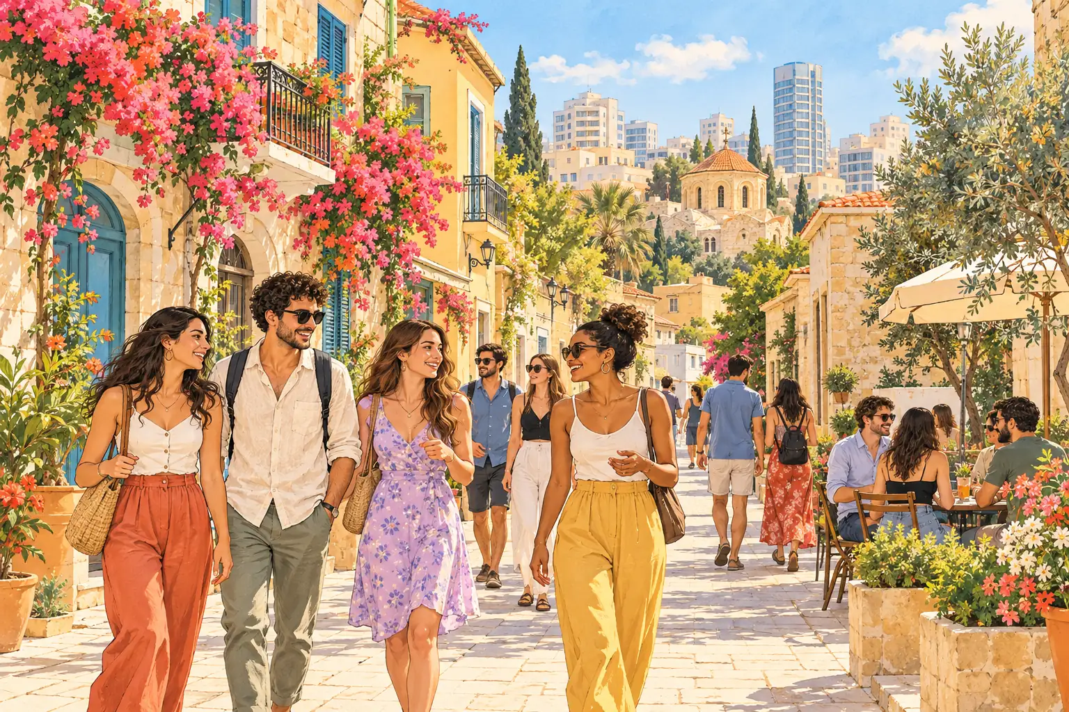 A hand-drawn generic view of Nicosia, with Mediterranean old-town facades, bougainvillea and young adults walking together.