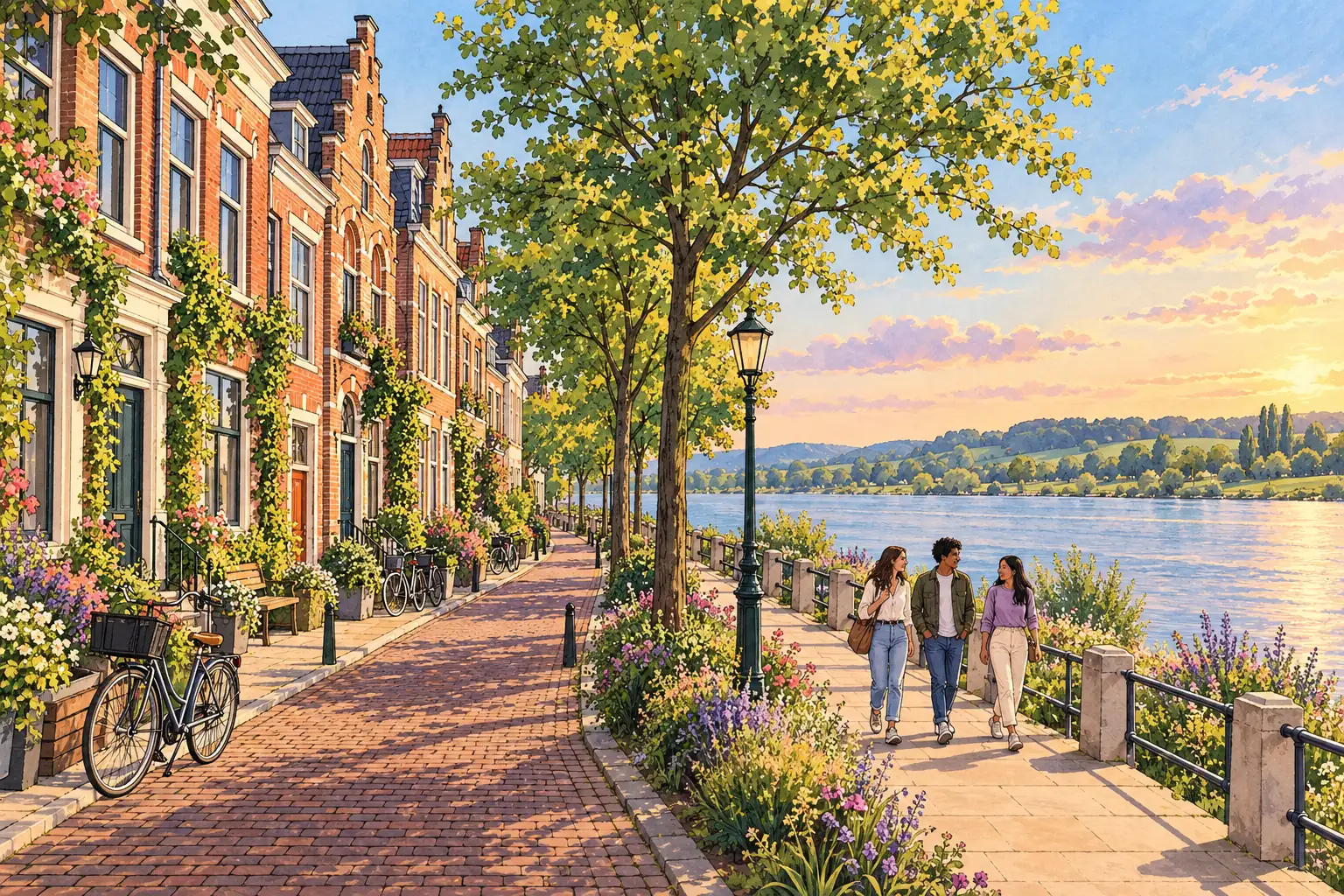 A hand-drawn view of Nijmegen, with local streets, greenery and young adults together.