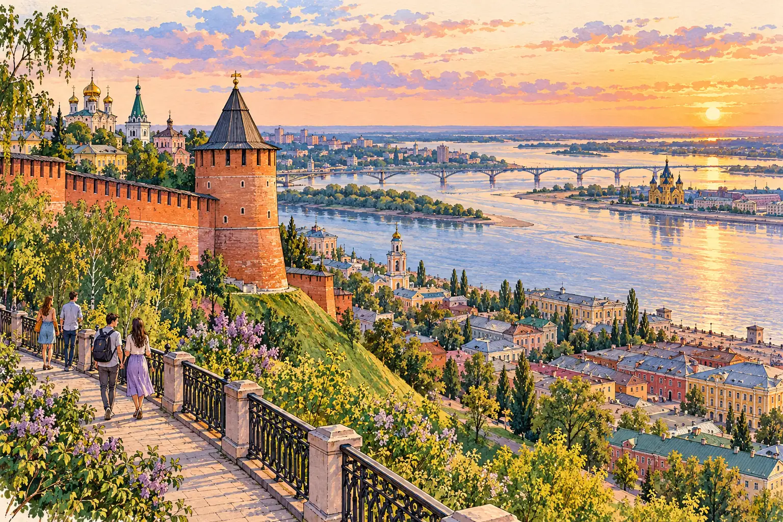 A hand-drawn view of Nizhny Novgorod Kremlin above the Volga and Oka rivers.