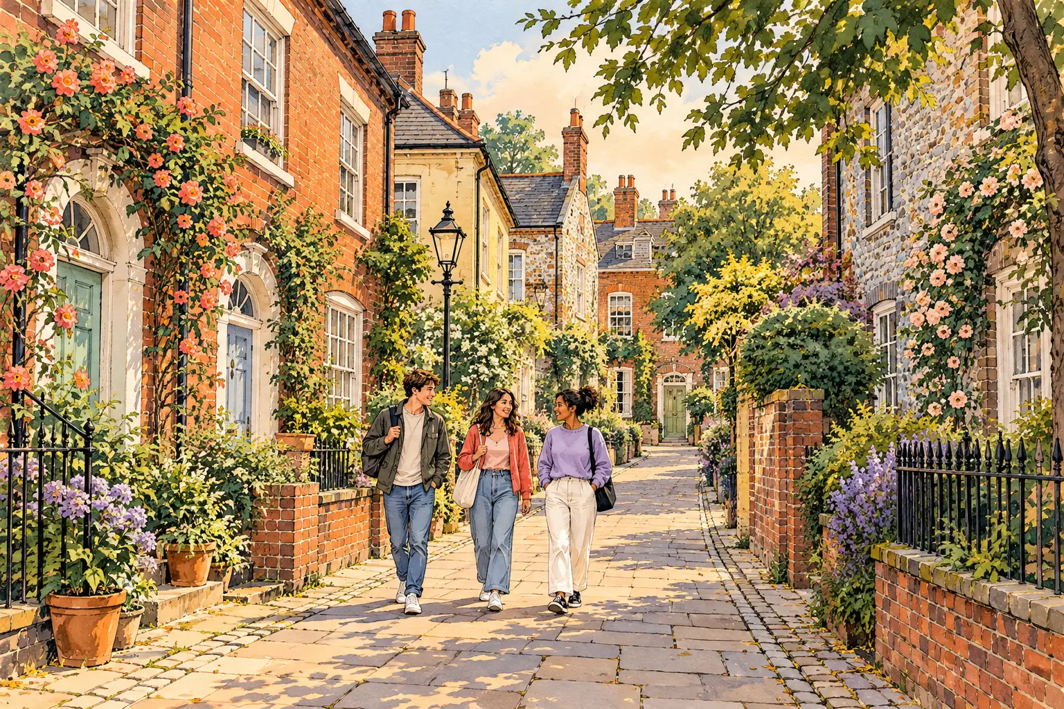 A hand-drawn Norwich streetscape with brick and flint homes, leafy gardens and young adults walking together.