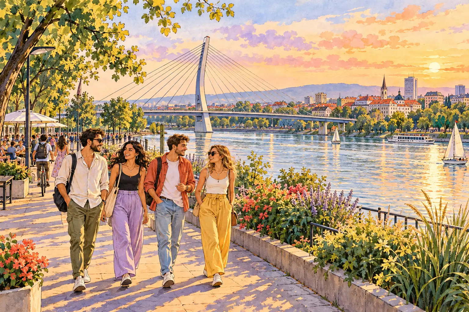 A hand-drawn view of Novi Sad’s Liberty Bridge over the Danube, with young adults on the riverside promenade.