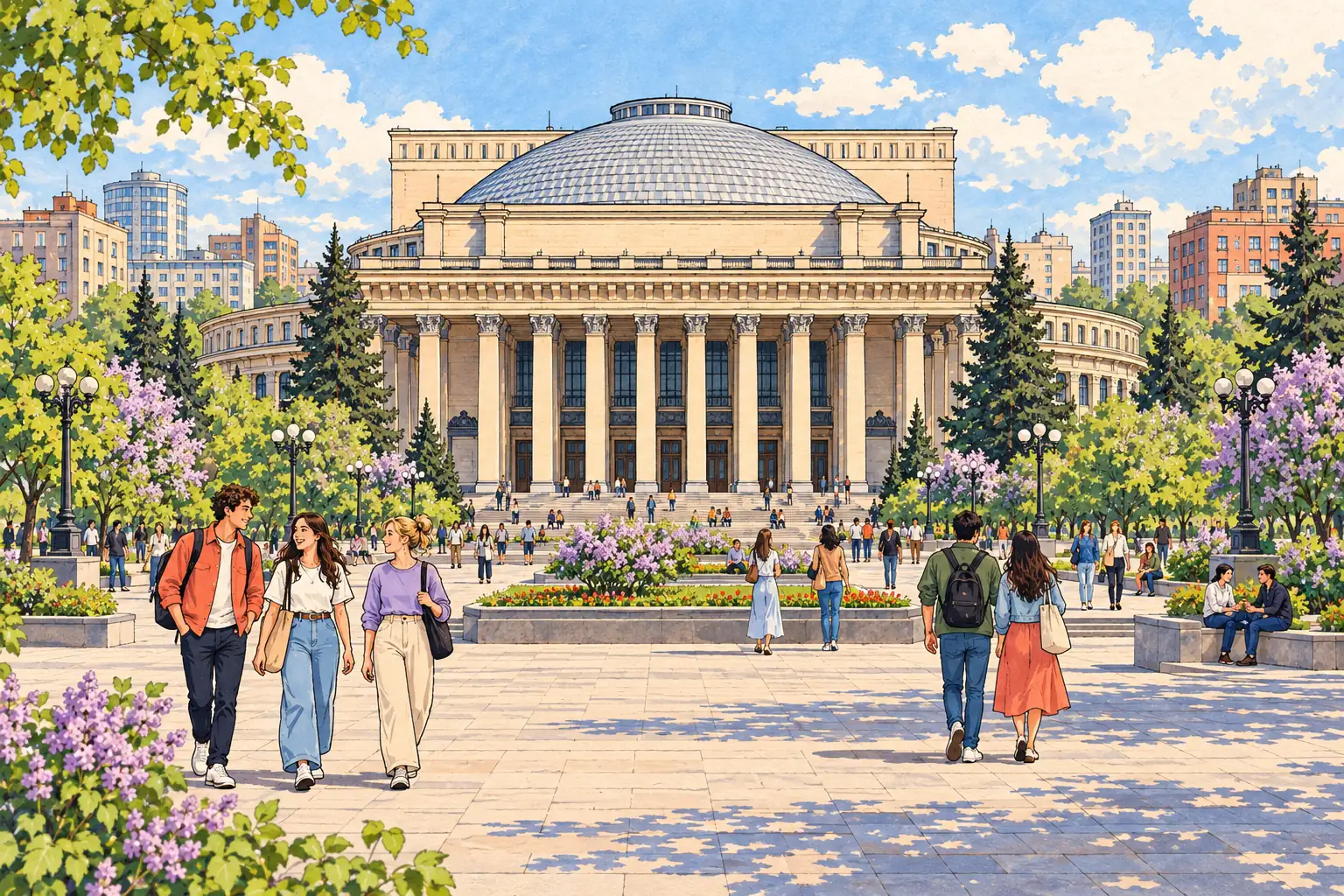 Young adults cross the square before Novosibirsk’s domed Opera and Ballet Theatre.