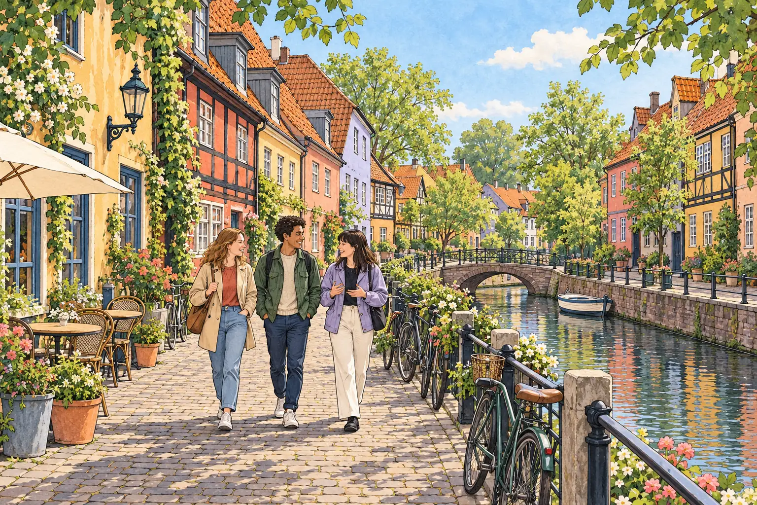 A hand-drawn view of Odense, with local streets, greenery and young adults together.