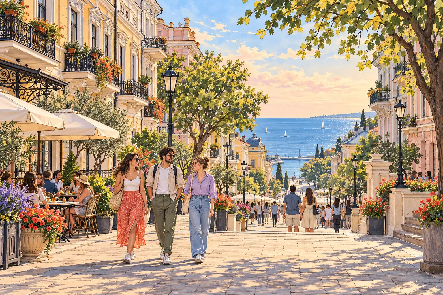 A hand-drawn Odesa boulevard with pale neoclassical facades, leafy trees and young adults walking toward the Black Sea.