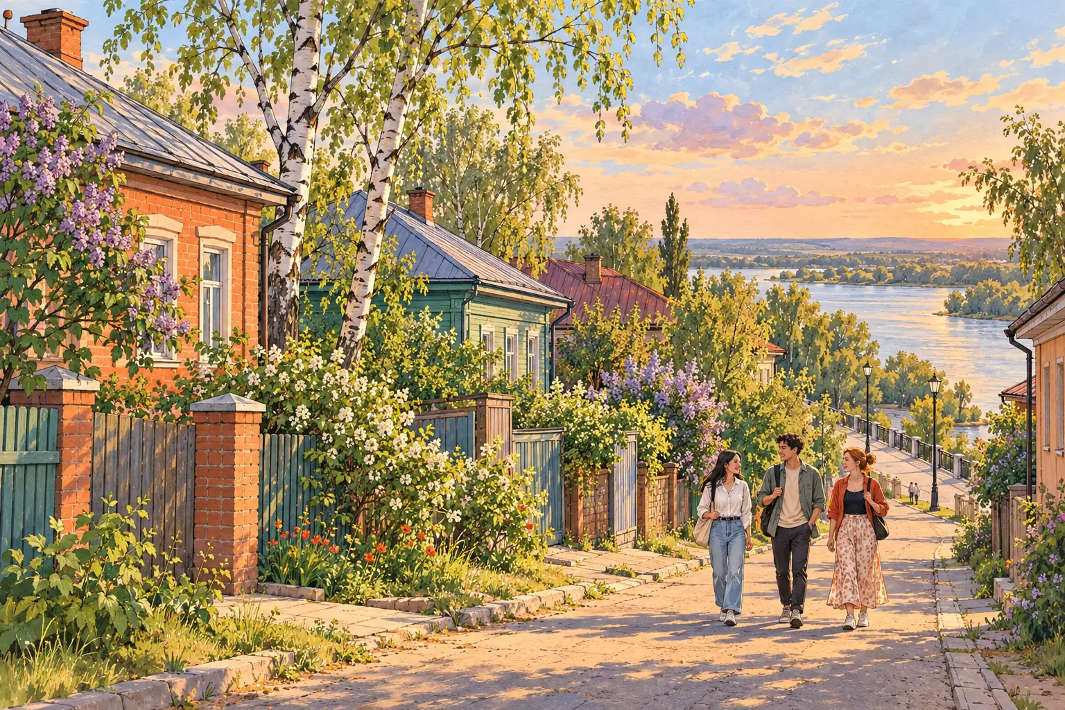 A hand-drawn view of Oral, with local streets, greenery and young adults together.