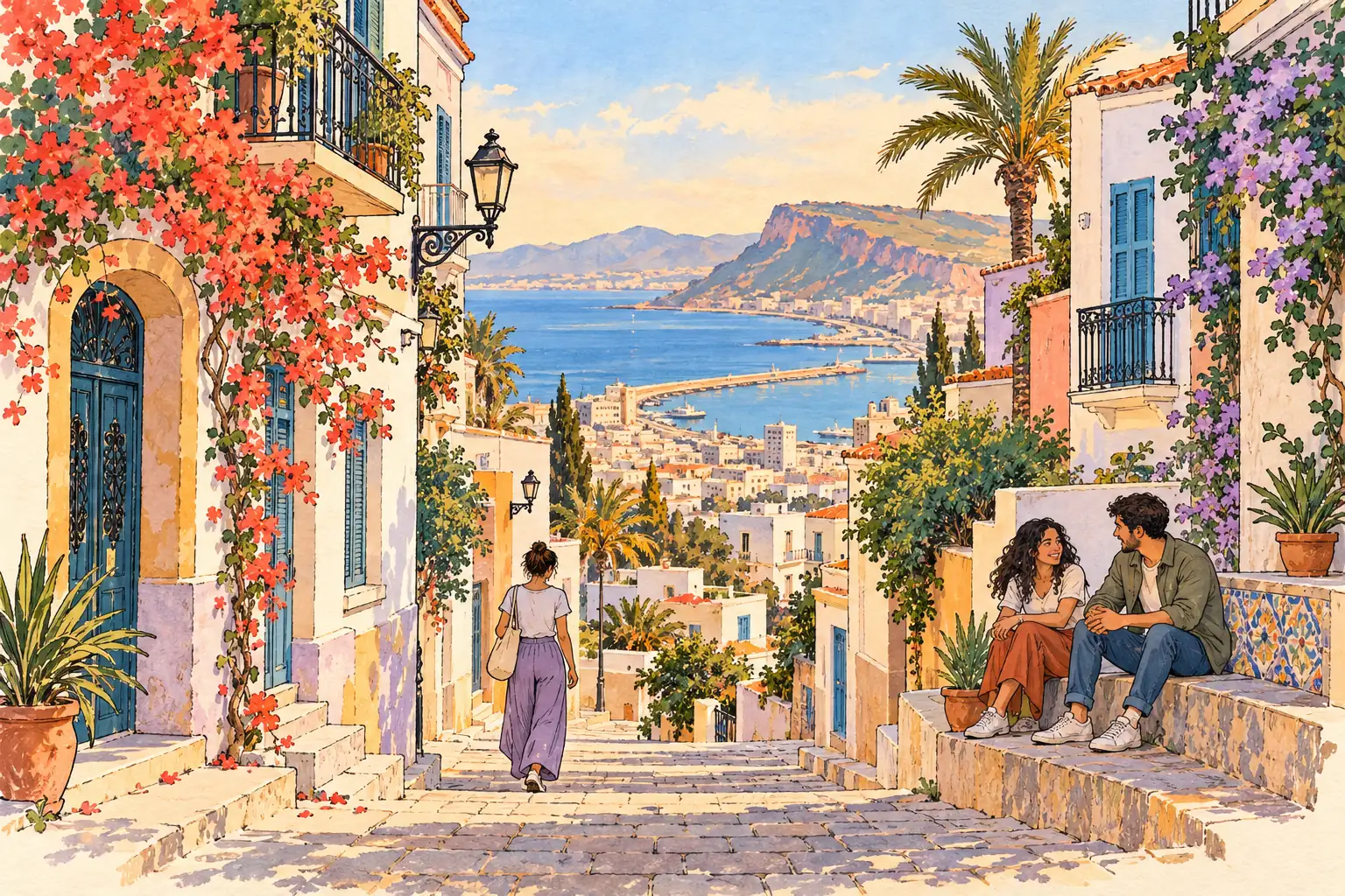 A hand-drawn view of Oran, with local streets, greenery and young adults together.
