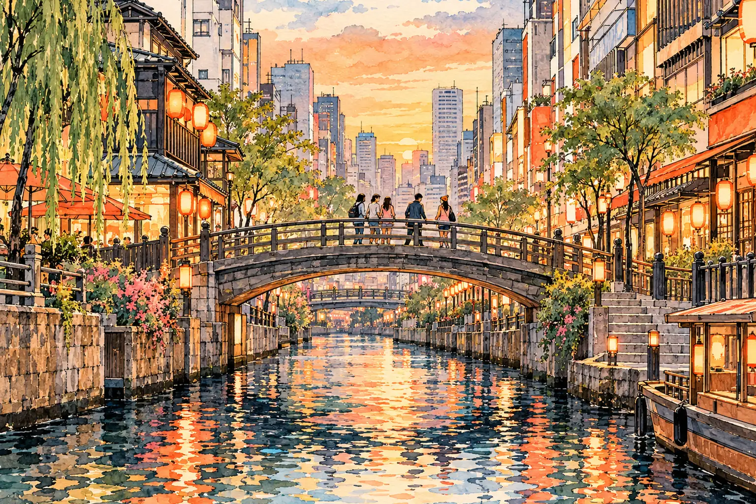 A hand-drawn canal view of Osaka with arched bridges and young adults walking along the waterway.