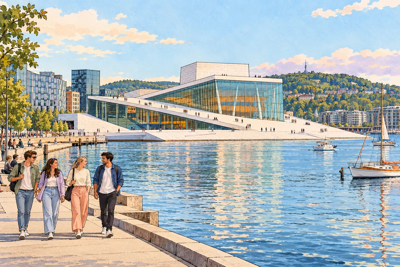 A hand-drawn view of Oslo’s sloping Opera House beside the fjord harbor, with young adults on the waterfront promenade.