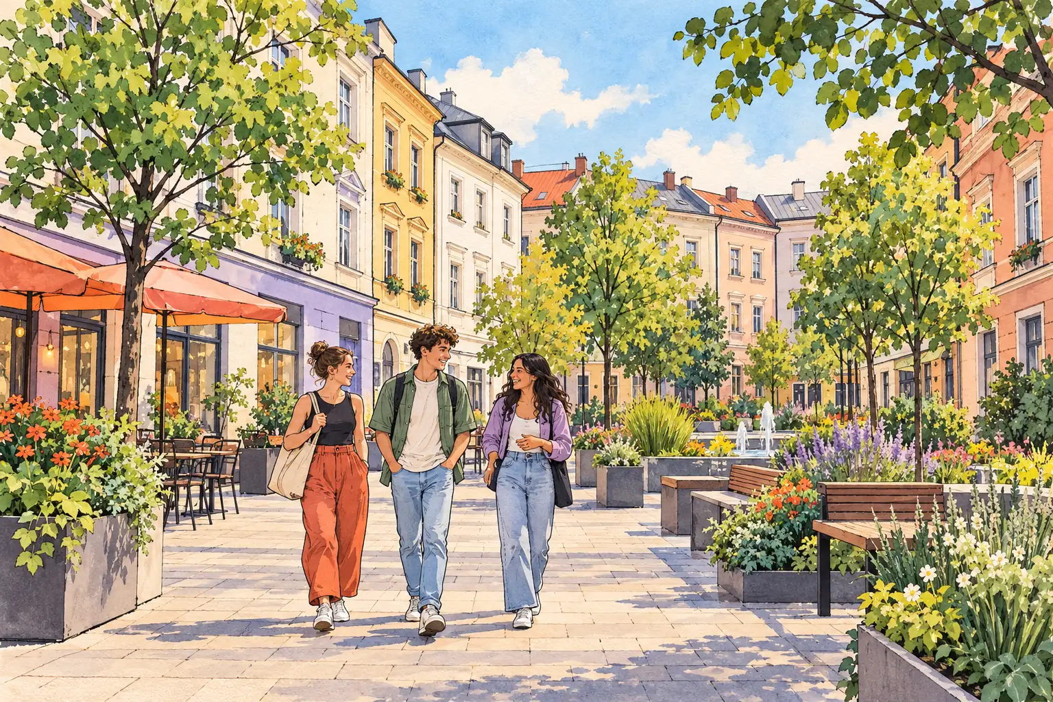 A hand-drawn view of Ostrava, with local streets, greenery and young adults together.