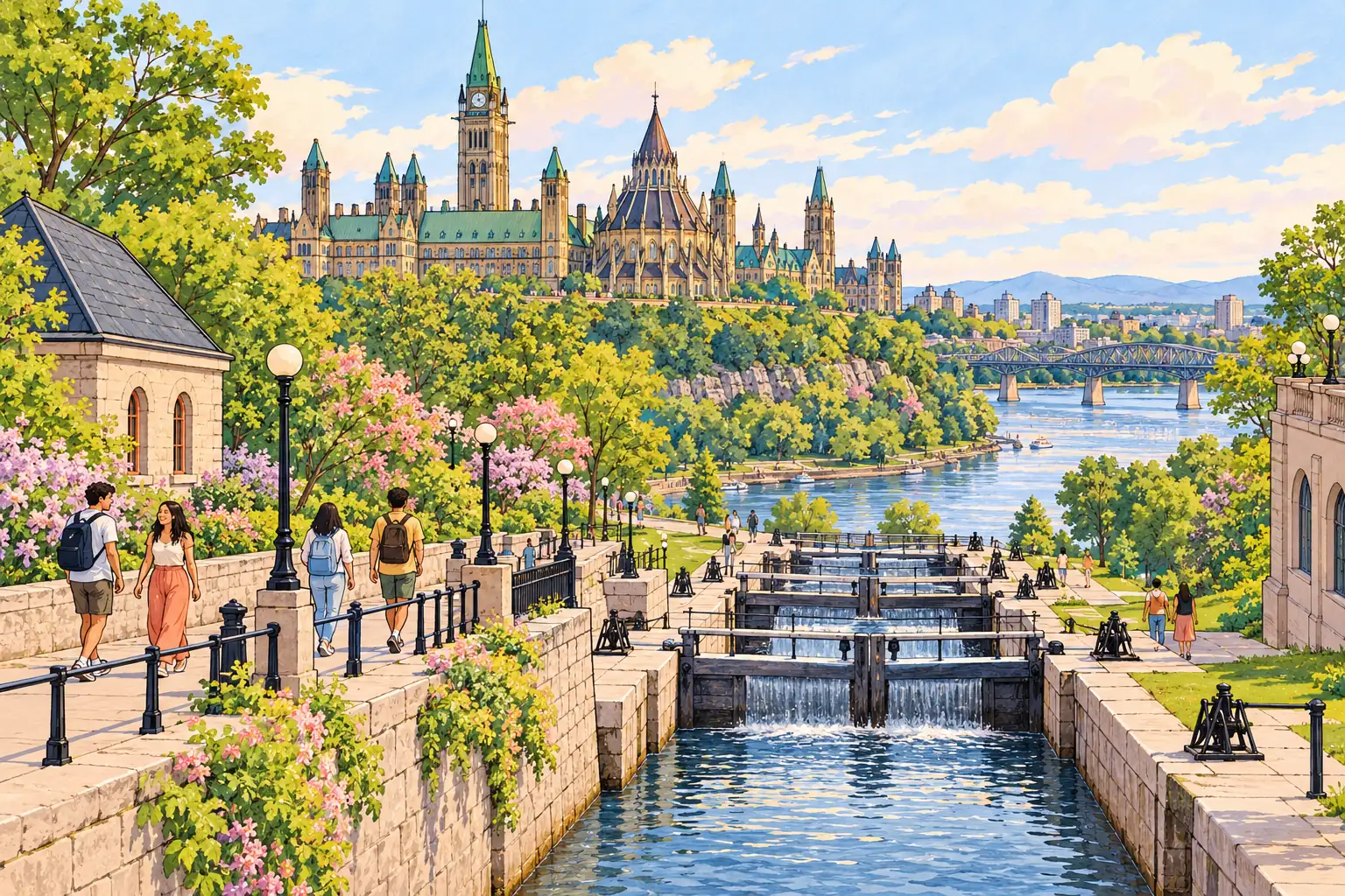 Young adults walk beside the Rideau Canal locks, with Parliament Hill and the Peace Tower beyond.