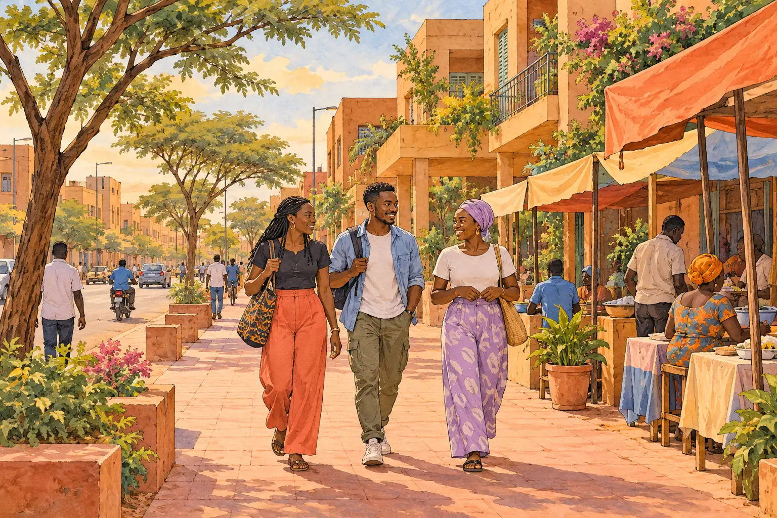 A hand-drawn Ouagadougou streetscape with warm stucco homes, shaded trees and young adults walking together.