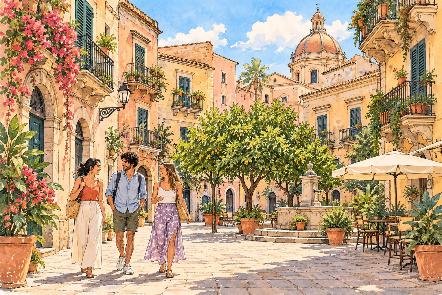 A hand-drawn view of Palermo, with local streets, greenery and young adults together.